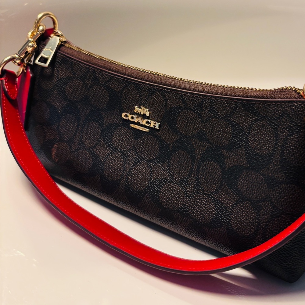 COACH Charlotte Shoulder Bag In Signature Canvas (CX810)Gold/Walnut/Bold-Red - Picture 8 of 14